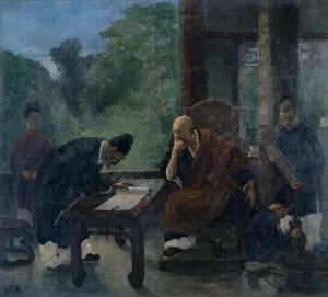 賺蘭亭図（「だまし取られた蘭亭序）中村不折
蕭翼が弁才から蘭亭序をだまし取ったとされる逸話を描いたもの。