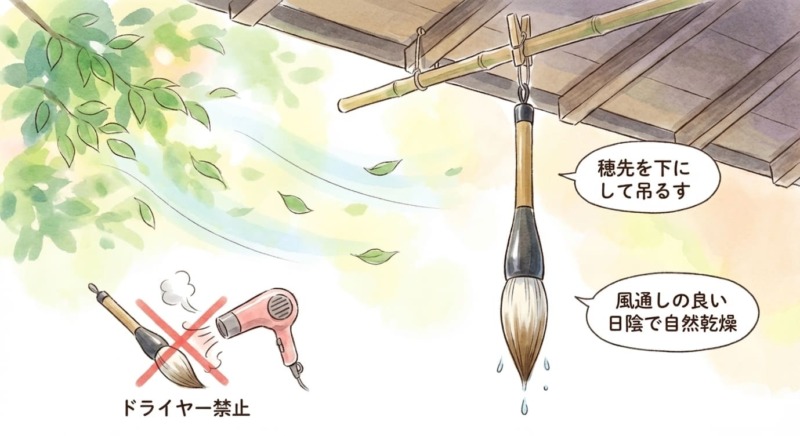 大筆の正しい乾かし方のイラスト