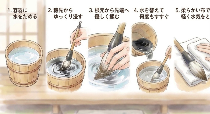大筆の洗い方のイラスト