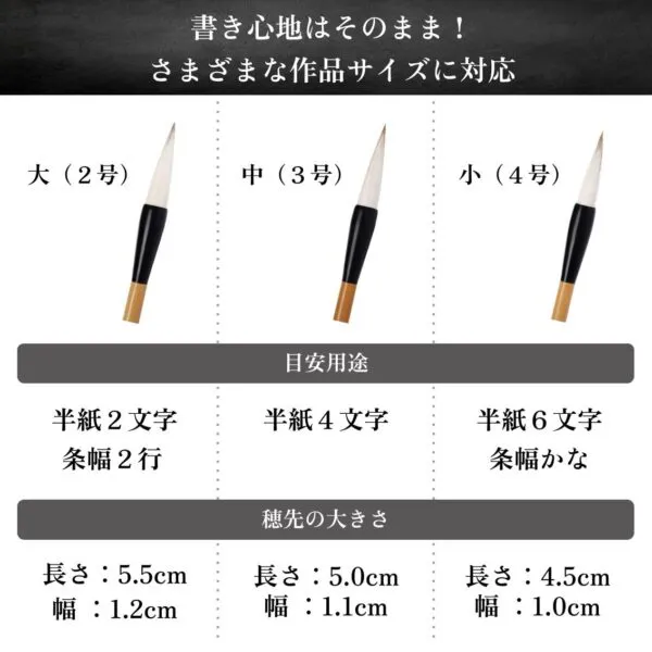 悠栄堂 書道筆「紫乃」筆のサイズ表