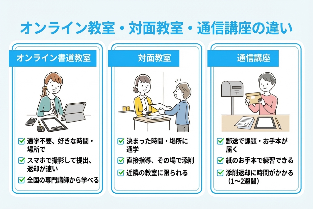 オンライン書道教室・対面教室・通信講座との違い