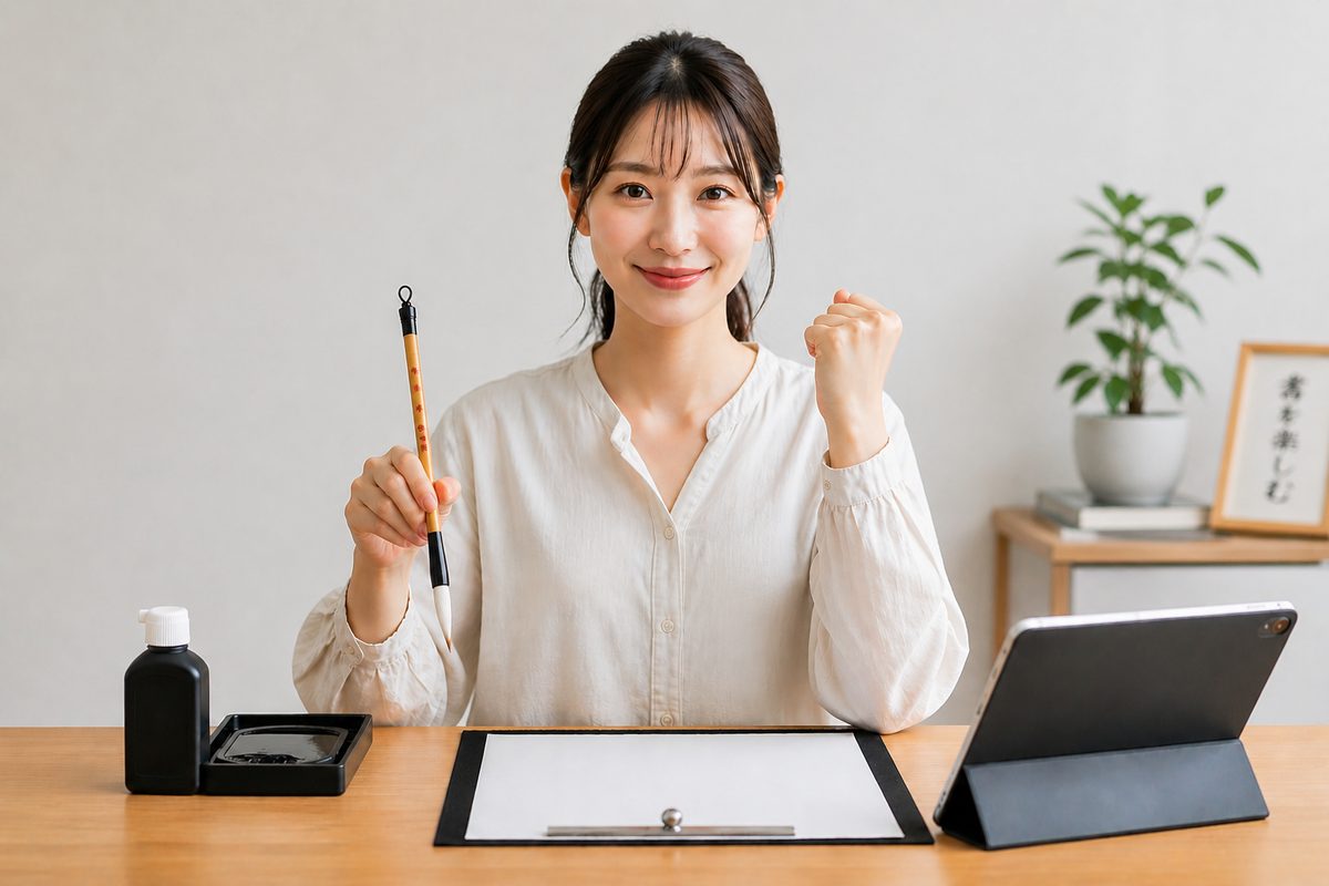 自宅で書道を楽しむ女性