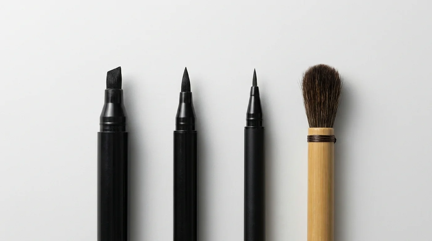 太字筆ペン・中字筆ペン・細字筆ペン・毛筆を横に並べた比較