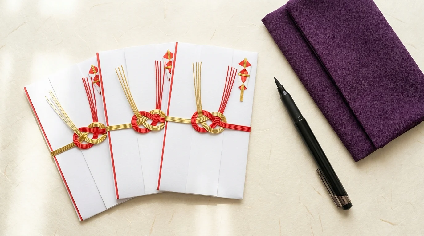 ご祝儀袋・中袋・筆ペン・袱紗が並んだ俯瞰