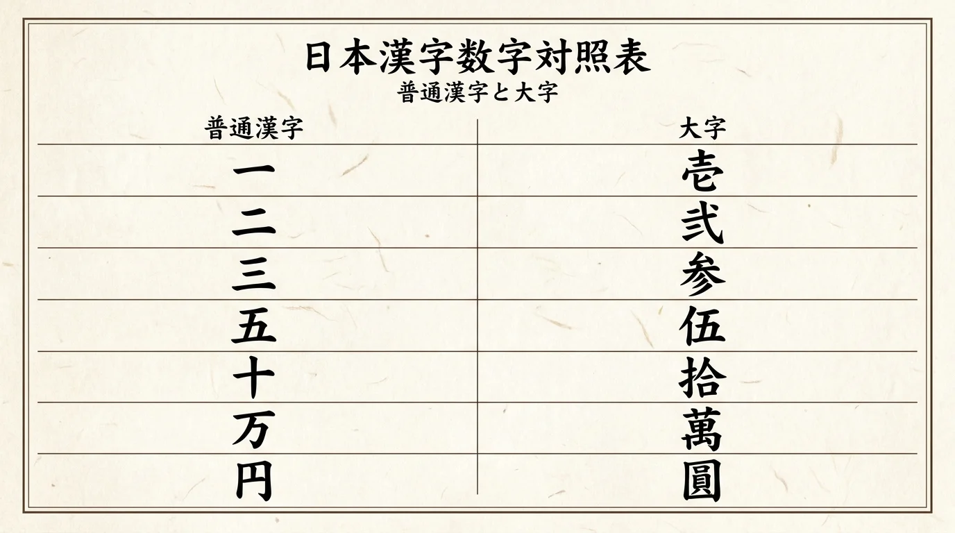 金額の旧字体(大字)早見表:壱・弐・参・伍・拾・萬・圓の対応表