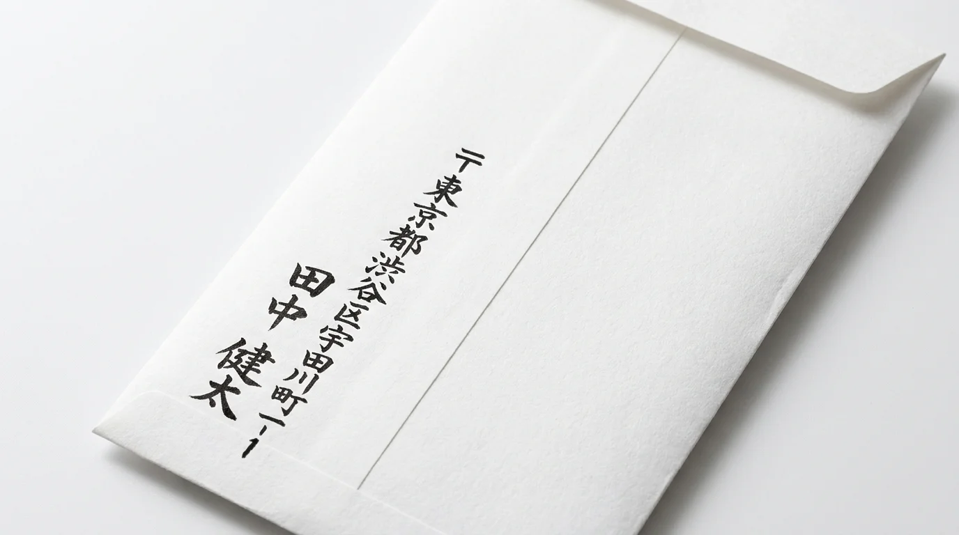 中袋の裏の左下に郵便番号・住所・氏名を書いた見本