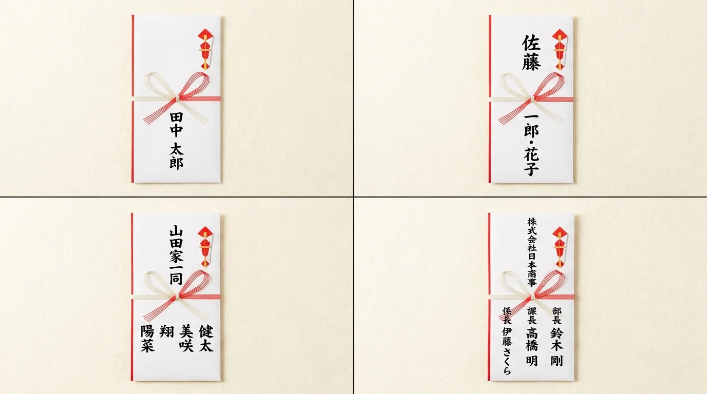 個人・夫婦連名・家族連名・職場連名の4パターンの名前書き見本