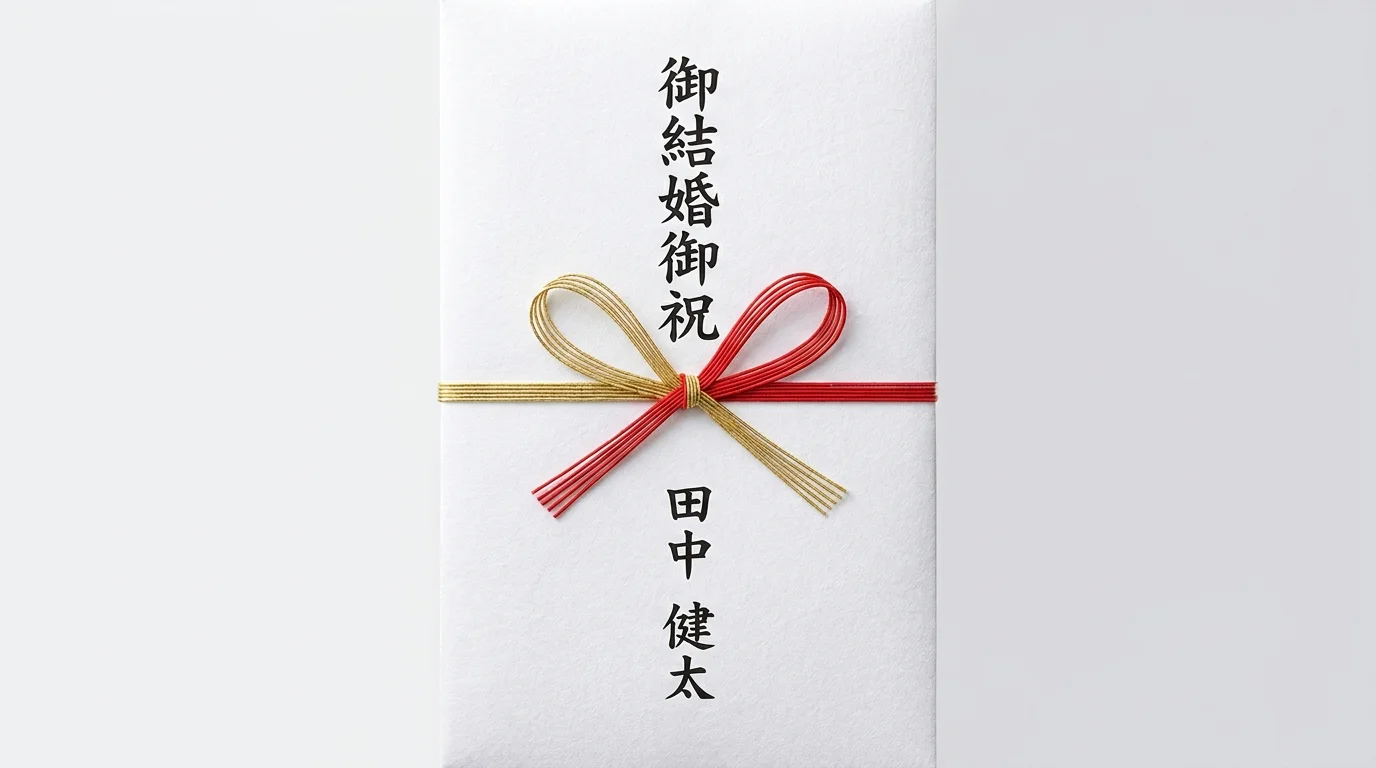 筆ペンで書いた『御結婚御祝』の表書きと贈り主氏名の見本