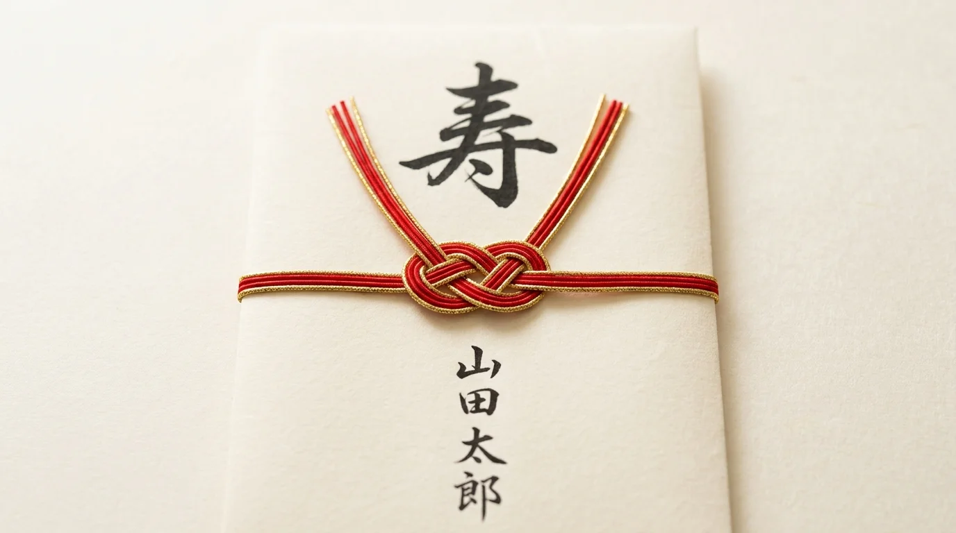 筆ペンで書いた『寿』の表書きと贈り主氏名の実筆見本