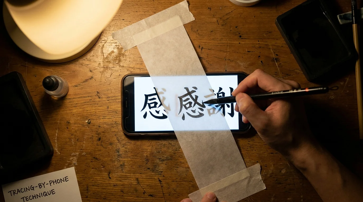 スマホ画面に表示した文字を短冊に透過させてなぞり書きする様子